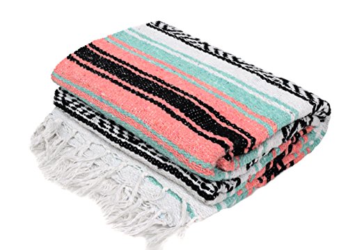 Open Road Goods Multi Color Mexican Falsa Blanket - Handwoven in Mexico - Great for The Beach, Picnics, Yoga, or a Throw! (Mint/Peach) - color: Mint/Peach