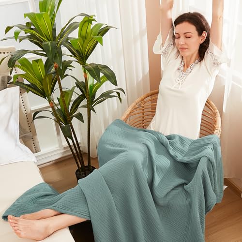 EMME Cotton Muslin King Blanket 4 Layer Ultra Soft Breathable Bed Layering Bedspread Coverlet Breathable Gauze Lightweight (Teal, 108"x90") - color: 01 - Teal, size: King (108" x 90")