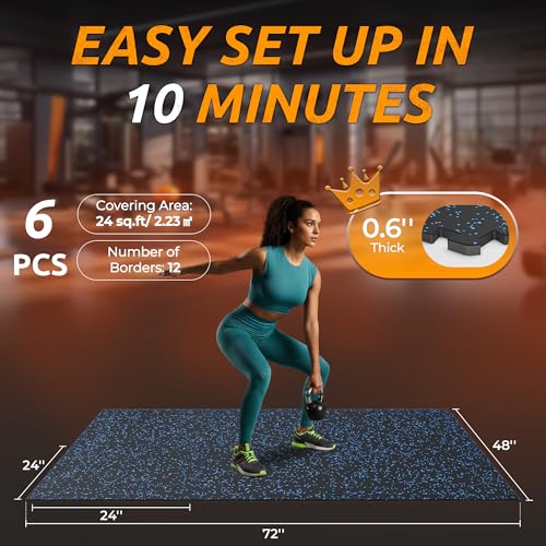 PRAISUN 0.6" Thicker Rubber Top 24 Sq Ft Gym Flooring for Home Gym | 6 Pcs Workout Mat, Exercise Mat, Interlocking Rubber Floor Mats with High Density EVA Foam for Garage, 24 x 24in, Black/Blue - size: 6 Tiles (24 Sq Ft)