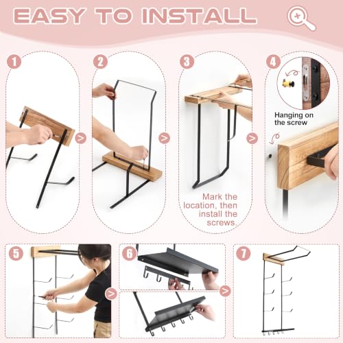 Junkin Yoga Mat and Ball Holder Wall Mount, 4-tier Yoga Mat & Ball Storage Rack, Metal Floating Shelf, Home Gym Organizer for Hanging Foam Rollers & Resistance Bands, Wood Color
