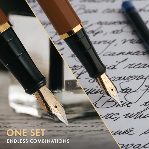 Wordsworth & Black Fountain Pen Gift Set, Medium & Extra Fine Nib, Brown | For Men & Women, Brass Body, 18K German Iridium, Ink Bottle + 6 Cartridges, Converter, Writing & Calligraphy, Journaling - color: Brown Gold