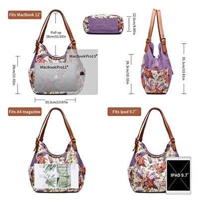 Worldlyda Women Canvas Hobo Purse Multi Pocket Tote Shopper Shoulder Bag Casual Top Handle handbag with Embroidery Ethnic - color: Be06purple Flower