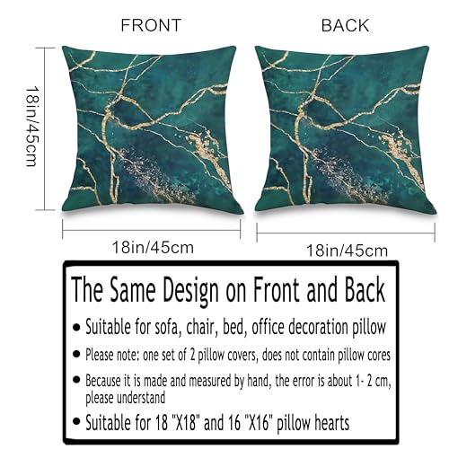 Emerald Green and Gold Marble Pillow Covers 18x18 inches Set of 2, Luxury Double-Sided Modern Decorative Throw Pillows for Couch, Soft Thick Flannel Cushion Case for Sofa Bed Living Room - color: Emerald Green050
