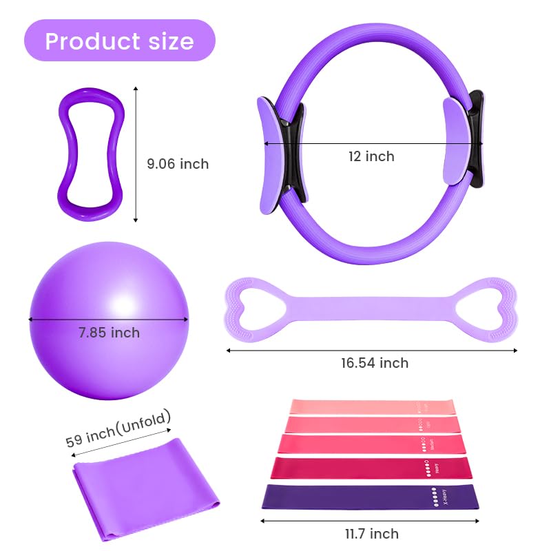 Home Pilates Essentials Kit for Women, with 5 Resistance Bands - Magic Circle Pilates Kit for Home Toning, Includes Yoga Ball, Stretch Strap & Gym Bag (13-Piece Complete Starter Set) - color: Purple