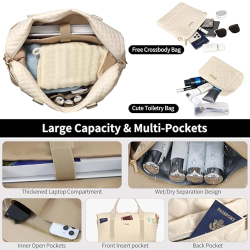 Weekender Bag, Large Travel Duffel Bag for Women, Carry on Overnight Bag with Shoe Compartment and Toiletry Bags - color: H-3PCS Beige White