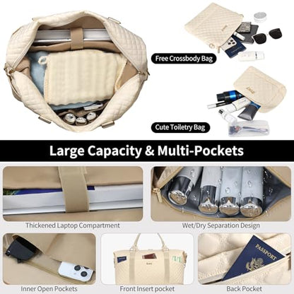 Weekender Bag, Large Travel Duffel Bag for Women, Carry on Overnight Bag with Shoe Compartment and Toiletry Bags - color: H-3PCS Beige White