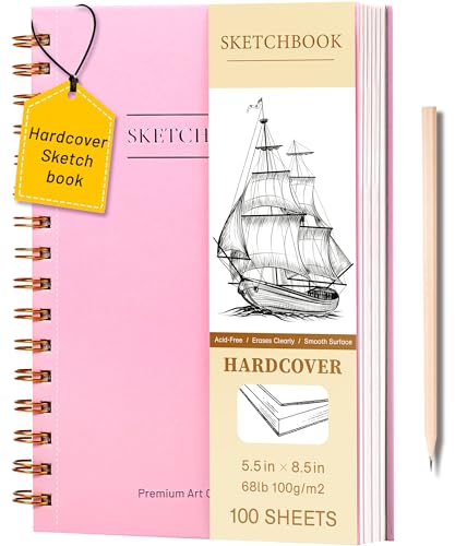 Yoment 5.5" x 8.5" Sketch Book Small Sketchbook for Drawing 100 Sheets Hardcover Spiral Sketch Pad for Kids(68lb/100gsm) Art Sketchbook Drawing Blank Paper Book for Beginner Artist with Pencil Pink | Pink,68 lb/100gsm Hardcover Sketch Pad for Kids,Art Ske