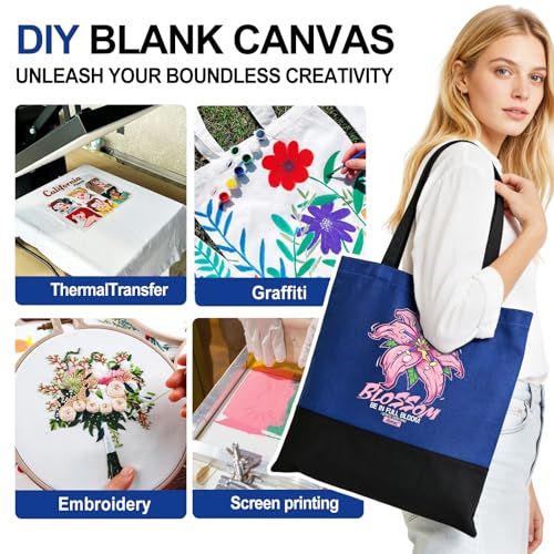 Canvas Tote Bag with Zipper for Women, Halloween Trick or Treat Bags Bulk | 13.8" x 15.3" Fashionable Two-Tone Cotton Tote Bag for Crafts, DIY Your Creative Designs - color: [A1] Blue / Black