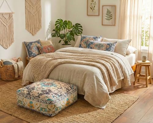 Mandala Life ART Boho Floor Cushion Cover Gray Square Moroccan Pouf Ottoman Pillow for Meditation Yoga and Boho Chic Low Seating Area Cotton 24x8 Unstuffed - color: Grey