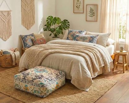 Mandala Life ART Boho Floor Cushion Cover Gray Square Moroccan Pouf Ottoman Pillow for Meditation Yoga and Boho Chic Low Seating Area Cotton 24x8 Unstuffed - color: Grey
