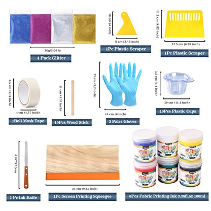 Pllieay 60pcs Screen Printing Kit with LED UV Exposure Lamp, 6 Colors Screen Printing Ink, 3 Size Wood Silk Screen Printing Frames, All The Screen Print Supplies in One Set