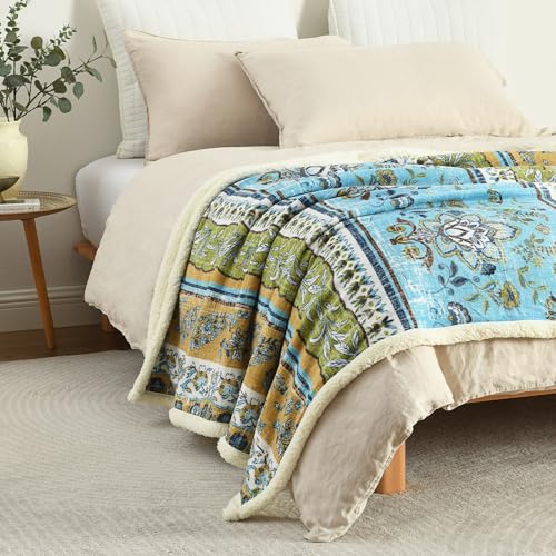 Boho Chic Sherpa Fleece Throw Blanket with Ultra-Soft Cozy Lining,Bohemian Patterned Throws for Sofa,Couch,Bed - color: Boho-olive Green, size: 60" x 80"