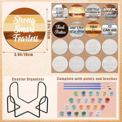 Reallnaive 8 Pcs Inspirational Paint by Number Kit for Adult Wooden Coaster | Mini Paint by Numbers, Farmhouse Motivational Round Oil Painting Drink Coaster with Holder, for Small DIY Craft Birthday Gift - style: Farmhouse
