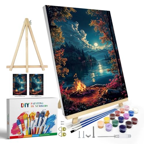 JOOZ Paint by Numbers Kit for Adults with Frame, Landscape Paint by Numbers for Adults, Moon Lake Paint by Number with Easel, DIY Acrylic Oil Painting Kit for Home Wall Decor 8 x 12 Inch - color: Moon Landscape