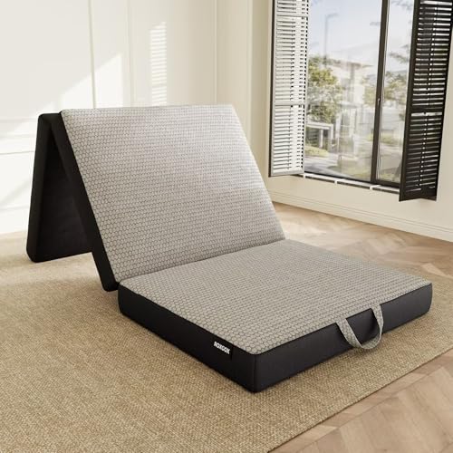 ROXGOX Memory Foam Trifold Mattress, Single Portable Floor Bed 4 Inch, Foldable Mat with Washable Cover, Handle & Non-Slip Bottom, for RV, Travel, Camping, Yoga, 75"x25"x4", Grey - size: Single, style: 4 Inch-Grey
