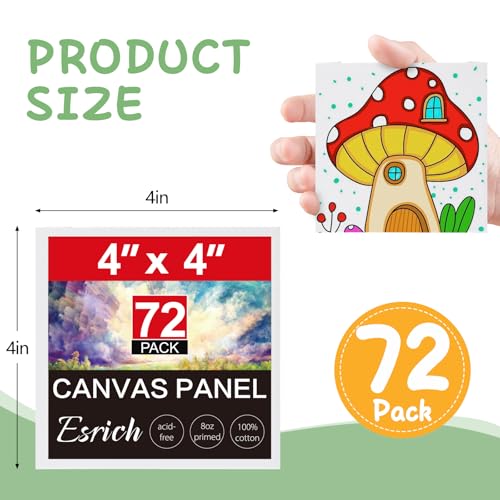ESRICH Mini Canvases for Painting, 4x4In Canvas in Bulk 72 Pack Small Canvas Panels Cotton Paint Canvas Primed Acid Free Blank Canvas Boards for Oil,Watercolor,Acrylic,Gouache & Tempera - size: 4*4in 72pack