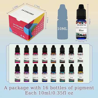 Alcohol Ink Set - 16 Colors Vibrant Colors High Concentrated Alcohol-Based Ink, Concentrated Epoxy Resin Paint Colour Dye Great for Resin Petri Dish, Coaster, Painting -10ml Each