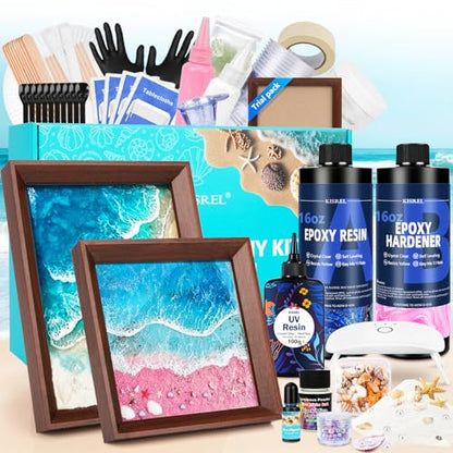 KISREL Ocean Resin Art Kit, Clear Epoxy Resin Kit with Frames, Beginner DIY Ocean Painting Full Set of Tools + Tutorials, Great Gift for Craft Lovers, Adult Stress Relief Creative Crafts