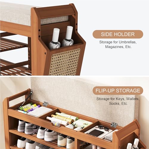 PETKABOO 39.4" Bamboo Shoe Rack Bench, 3-Tier Entryway Bench with Thick Cushion, Flip-Top & Side Storage, Holds Up to 550 LBS for Hallway, Living Room, Bedroom - color: 39.4"