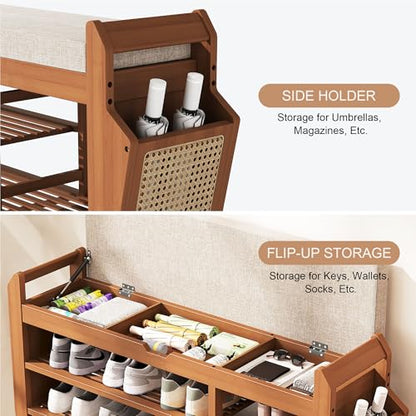 PETKABOO 39.4" Bamboo Shoe Rack Bench, 3-Tier Entryway Bench with Thick Cushion, Flip-Top & Side Storage, Holds Up to 550 LBS for Hallway, Living Room, Bedroom - color: 39.4"