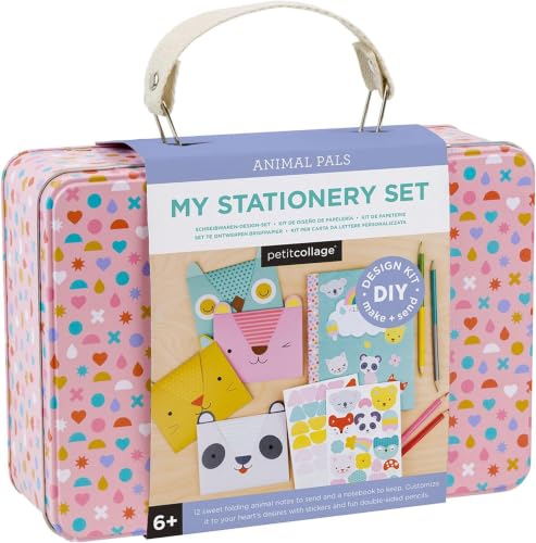 Petit Collage DIY Arts and Crafts Kit,Stationery Design–Craft Kit for Kids-12 Animal Notecards,1 Blank Journal,2 Sticker Sheets,4 Colored Double-Sided Pencils & Instructions,20-Piece Set (Pack of 12) - size: 20-Piece Set (Pack of 12)