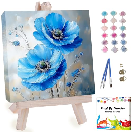Artunion Framed Paint by Numbers Kit for Adults Beginners & Kids Ages 8-12,Blue Flowers Paint by Number with Frame,Abstract Poppy Paint by Numbers Kit on Canvas 10 * 10 Inch Without Easel - color: ZXT-334-F