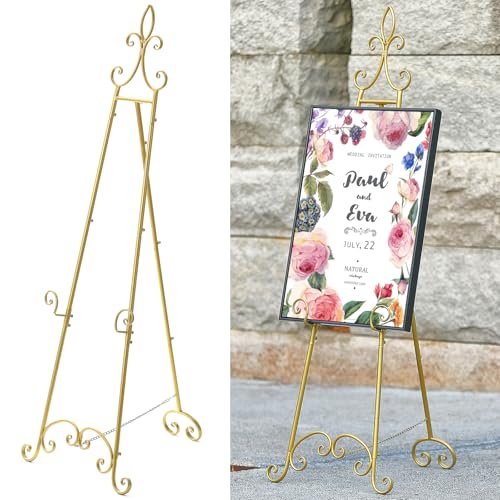 61”H x 20”L x 24”W Metal Extra Large Free Standing Display Stand Easel | Gold Scroll Floor Easel Stand for Sign Wedding Mirror Picture Frame, with Adjustable Chain