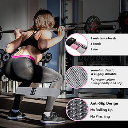 EnriQ Booty Bands Fabric Resistance Bands for Legs and Butt - Non Slip Cloth Hip Bands Elastic Workout Bands - Activate Glutes and Thighs - Made of Premium Elastic Fabric - color: Black Pink Grey