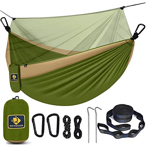Camping Hammock with Net,Portable Lightweight Double Hammocks with Tree Straps and Solid D-Shape Hanging Hooks,Parachute Nylon Hammock for Backpacking Beach Backyard Patio Hiking - color: Green & Khaki, size: X-Large
