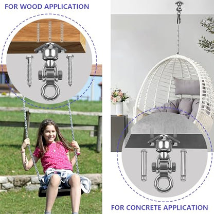1500 LBS Heavy Duty Swing Hanger | 304 Stainless Steel Swivel Hanging Hardware with Oval Hooks | for Porch Swing, Hammock, Punching Bag, Playground,Hanging Chair (3 holes-360°+180°) - size: 3 holes-360°+180°