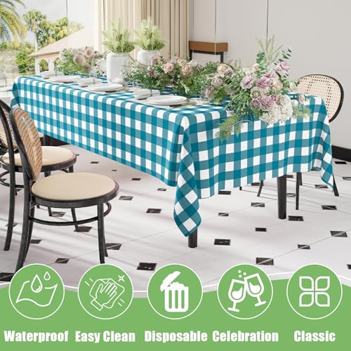 Smiry 8 Packs Gingham Disposable Table Cloth, 54 x 108 Inch Waterproof Plastic Tablecloth, Rectangle Turquoise and White Checkered Table Covers for Picnic, Birthday, Party - color: Turquoise and White, size: 54"x108" (Pack of 8)