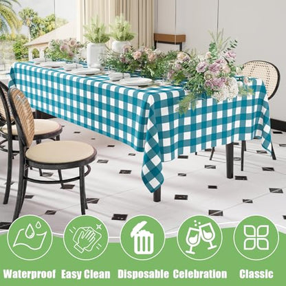 Smiry 8 Packs Gingham Disposable Table Cloth, 54 x 108 Inch Waterproof Plastic Tablecloth, Rectangle Turquoise and White Checkered Table Covers for Picnic, Birthday, Party - color: Turquoise and White, size: 54"x108" (Pack of 8)