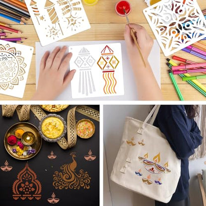 Konsait 16 PCS Diwali Rangoli Stencils for Painting on Wood, Reusable Mandala Stencils Templates Diyas Marigold Flower Rangoli Stencil for Diwali Crafts Decorations for Home