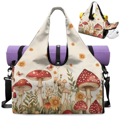 Gym Bag with Yoga Mat Holder Large Tote Bag With Multi Pockets for Women Men Dry Wet Separated Pocket Carryall Yoga Tote Bag for Pilates Travel Workout Office - color: Mushroom