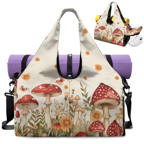 Gym Bag with Yoga Mat Holder Large Tote Bag With Multi Pockets for Women Men Dry Wet Separated Pocket Carryall Yoga Tote Bag for Pilates Travel Workout Office - color: Mushroom