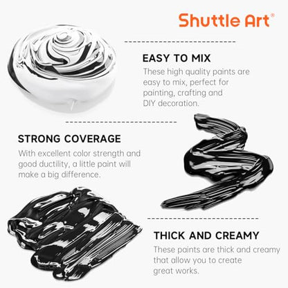 Shuttle Art Titanium White & Black Acrylic Paint Set, 2×69oz/2040ml Large Capacity Pump Bottles with Covers, High Coverage, Fast Drying Non-Toxic Art Paint for Artists, Students, Kids & DIY Crafts