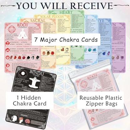 7 Chakra Cards ＆1Hidden Chakra Cheat Sheet Cards with Crystals Quick Reference Guides, Food Therapy,Meditations,Affirmations,Aromatherapy,Yoga Poses,Mudras - 5.2" x 7.2" 2-Sided Waterproof Cards