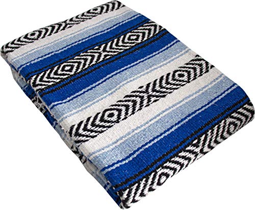 Genuine Mexican Handwoven Premium Large Heavyweight Falsa Serape & Yoga Blanket | Beach & Picnic Blanket (Large Heavy, Royal & Light Blue) - color: Royal Blue and Light Blue Heavy