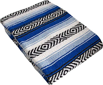 Genuine Mexican Handwoven Premium Large Heavyweight Falsa Serape & Yoga Blanket | Beach & Picnic Blanket (Large Heavy, Royal & Light Blue) - color: Royal Blue and Light Blue Heavy