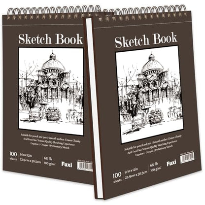 9" x 12" Sketch Book, Top Spiral Bound Sketch Pad, 2 Packs 100 Sheets Each (68lb/100gsm), Acid Free Art Sketchbook Artistic Drawing Painting Writing Paper for Kids Adults Beginners Artists - color: Brown, size: 9" x 12" (Pack of 2)
