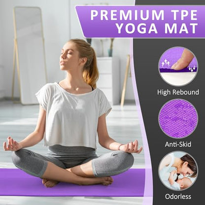 Fitvids All Purpose Thick High Density No Tear Exercise Yoga Mat with Strap & Lightweight Features for Indoor & Outdoor Use - color: Purple