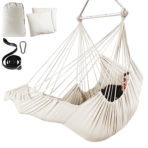 Chihee Hammock Chair Foot Rest 2 Cushions Max 485 lbs Metal Spreader Bar | Robust Hanging Chair Soft Cotton Blended Swing Collapsible Easy Storage Strong Strap Iron Carabiner Pocket Indoor Outdoor - color: Creamy White