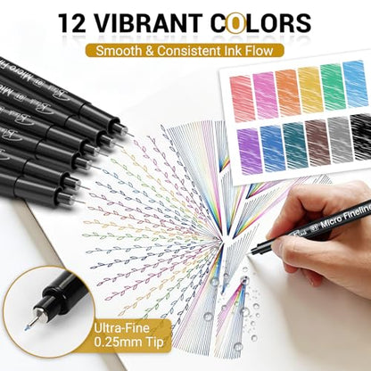 SAKEYR Point Micro Pens, 12 Colored 0.25mm Extra Fine Fineliner Pens, Quick-Dry Waterproof Ink, No Bleed-Through for Journaling, Bible Journaling, Planner, Sketching, Drawing, Note Taking