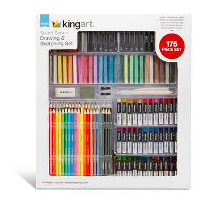 KINGART Select Series Drawing & Sketching Set, 175 pc, Complete Art Kit with Colored Pencils, Pastels, Graphite, Charcoal, Paper