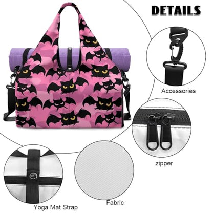 Gym Bag with Yoga Mat Holder Large Tote Bag With Multi Pockets for Women Men Dry Wet Separated Pocket Carryall Yoga Tote Bag for Pilates Travel Workout Office - color: Bat Print