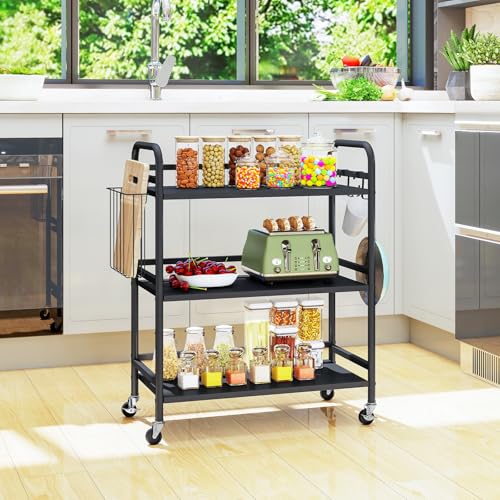 HDANI 3 Tier Metal Rolling Utility Cart,High Capacity Multi Purpose Heavy Duty Cart for Office,Kitchen,Living Room,Bedroom,Black - color: Black, size: Large Solid with Basket
