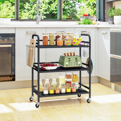 HDANI 3 Tier Metal Rolling Utility Cart,High Capacity Multi Purpose Heavy Duty Cart for Office,Kitchen,Living Room,Bedroom,Black - color: Black, size: Large Solid with Basket