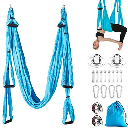 Aerial Trapeze Yoga Hammock Kit - Ultra Strong Antigravity Yoga Flying Sling Inversion Swing Tool Set - color: Blue