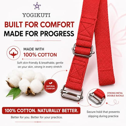 Yogikuti Double Buckle Yoga Strap - Adjustable Stretching Strap for Enhanced Flexibility in Yoga, Pilates, and Physical Therapy, Available in Various Colors and Lengths for All Fitness Levels - color: Red