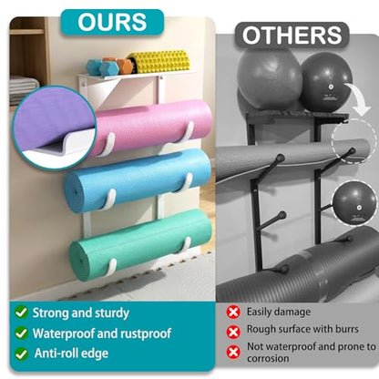 Yoga Mat Holder Wall Mount, No Tying, No Straps - color: 4-Tiers（with Floating Shelf）